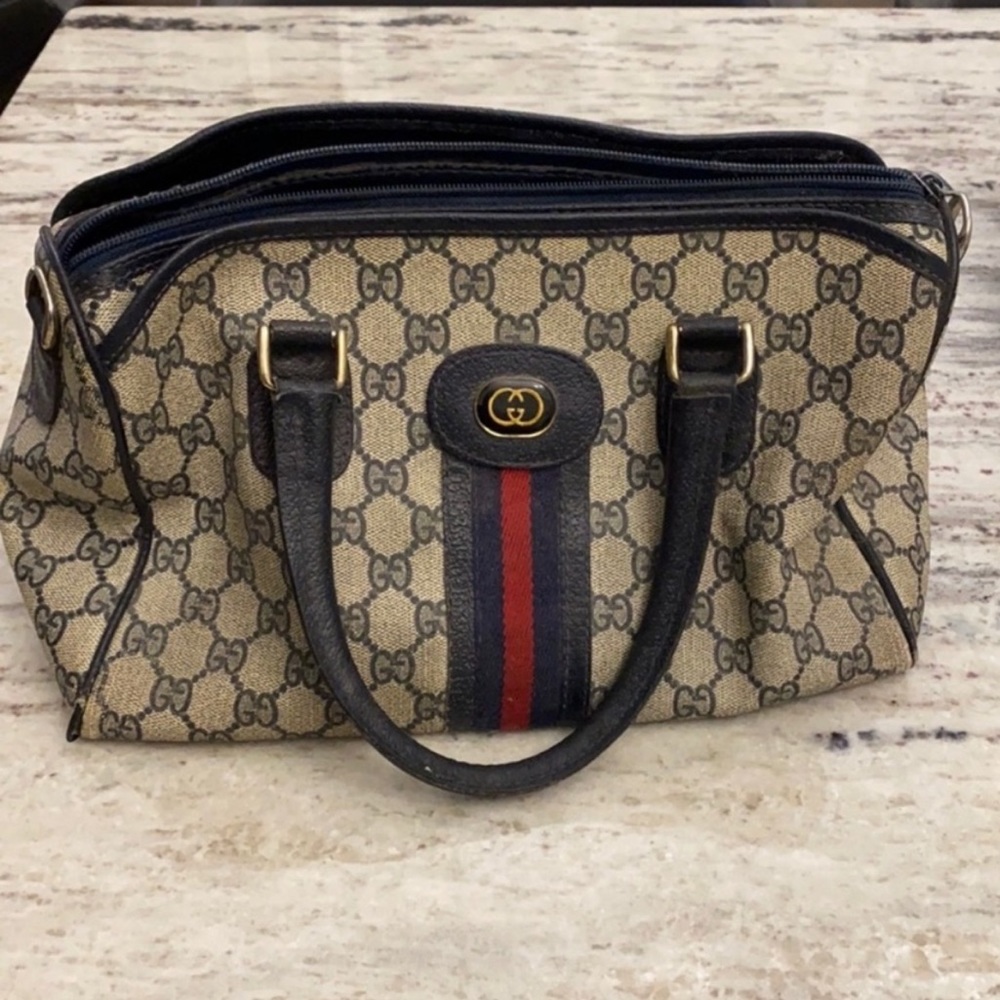 Gucci • vintage monogram navy gray Boston Ophidia satchel purse bag
